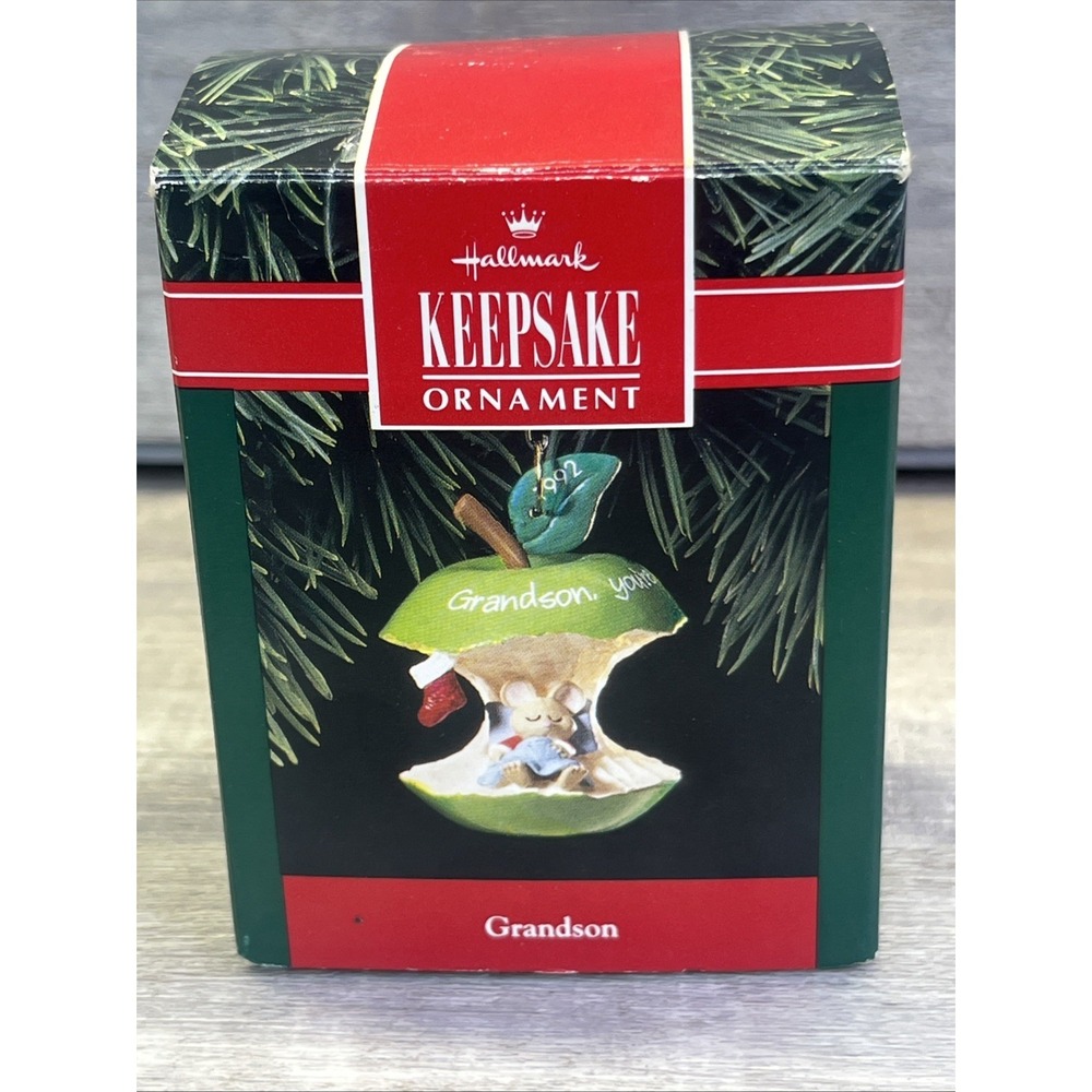 Hallmark Keepsake 1992 Grandson Green Apple Mouse Ornament W Box Vintage 90s